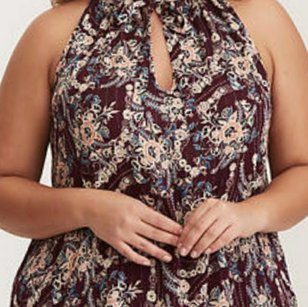 Floral Print Lurex Gauze Goddess Neck Tank Top